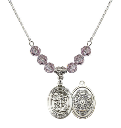 Police Officers St. Michael Sterling Silver 6mm Light Amethyst Beaded Necklace, Measures 3/4 inch tall by 1/2-inch wide, Gift Box, Bliss Manufacturing