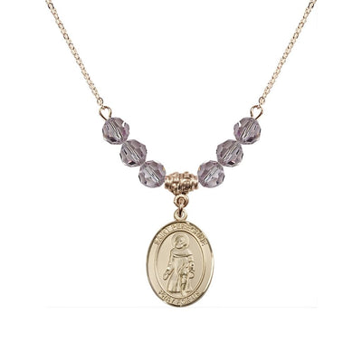 Our Lady of Fatima 14kt Gold-filled 6mm Light Amethyst Beaded Necklace, Measures 3/4 inch tall by 1/2-inch wide, Gift Box, Bliss Manufacturing