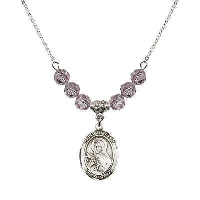St. Theresa Sterling Silver Crystal Necklace, handcrafted in the USA, Birthstone 6mm Austrian Crystals in Light Amethyst, Bliss Manufacturing