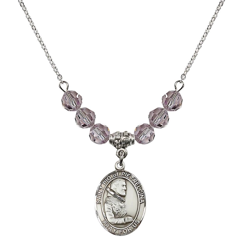 Bliss Sterling Silver St. Padre Pio of Pietrelcina Light Amethyst Crystal Birthstone Necklace