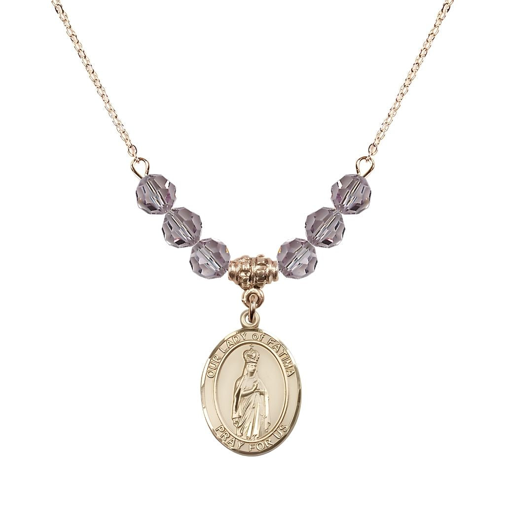 Bliss Our Lady of Fatima Gold-filled 6mm Light Amethyst Beaded Necklace, Measures 3/4 inch tall by 1/2-inch wide, Gift Box