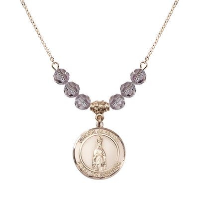 Virgen de Fatima Round 14kt Gold-filled 6mm Light Amethyst Beaded Necklace, Measures 3/4 inch tall by 1/2-inch wide, Gift Box, Bliss Manufacturing