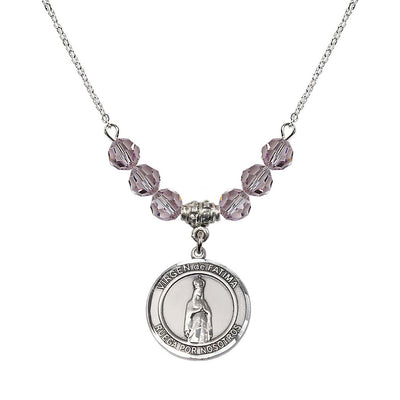 Round Virgen de Fatima Sterling Silver Crystal Beaded Necklace in Light Amethyst, Bliss Manufacturing