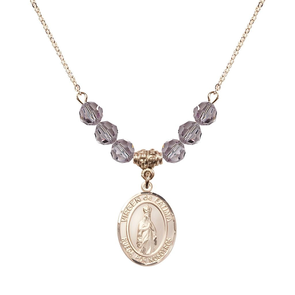 Bliss Virgen de Fatima 14kt Gold-filled 6mm Light Amethyst Beaded Necklace, Measures 3/4 inch tall by 1/2-inch wide, Gift Box