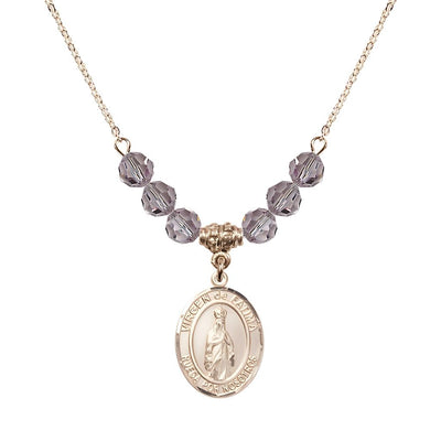 Virgen de Fatima 14kt Gold-filled 6mm Light Amethyst Beaded Necklace, Measures 3/4 inch tall by 1/2-inch wide, Gift Box, Bliss Manufacturing