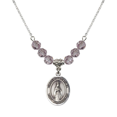 Virgen de Fatima Oval Sterling Silver 6mm Light Amethyst Beaded Necklace, Measures 3/4 inch tall by 1/2-inch wide, Gift Box, Bliss Manufacturing