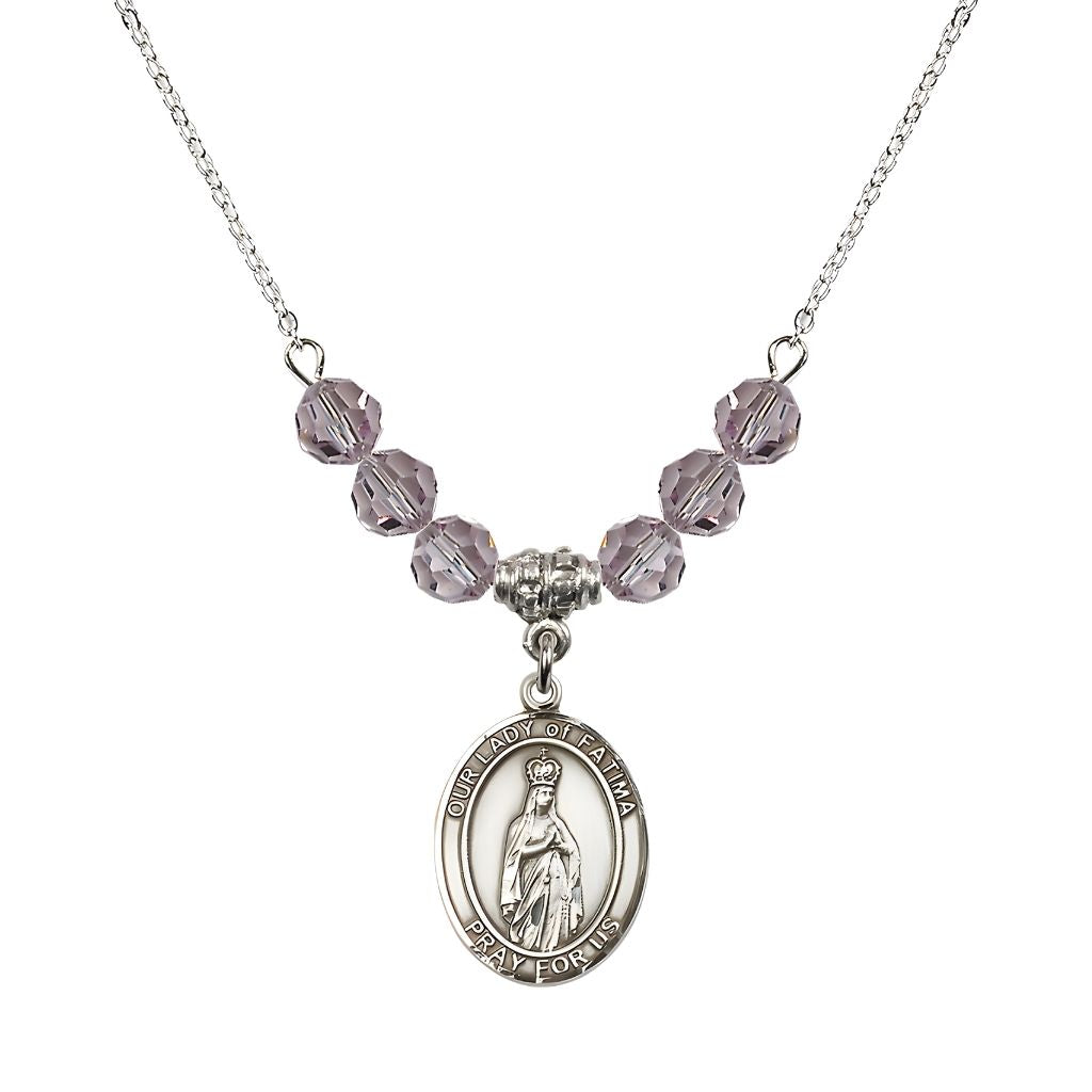 Bliss Our Lady of Fatima Sterling Silver 6mm Light Amethyst Beaded Necklace, Measures 3/4 inch tall by 1/2-inch wide, Gift Box