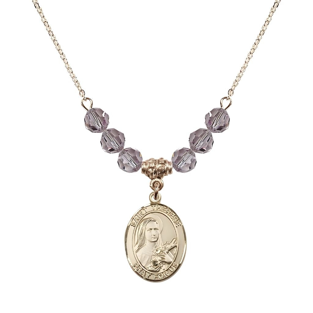 Bliss St. Therese of Lisieux Gold-filled Birthstone Necklace with 6mm Austrian crystal in light amethyst beads