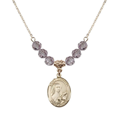 St. Therese of Lisieux Gold-filled Birthstone Necklace with 6mm Austrian crystal in light amethyst beads, Bliss Manufacturing