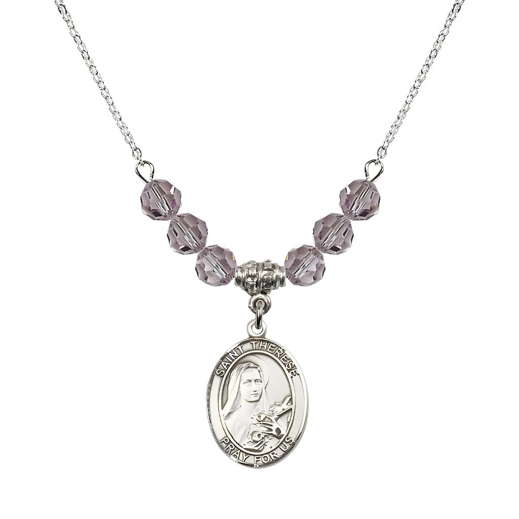Bliss St. Therese of Lisieux Sterling Silver Medal and Birthstone 6mm Light Amethyst Crystal Necklace