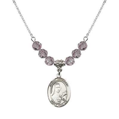 St. Therese of Lisieux Sterling Silver Medal and Birthstone 6mm Light Amethyst Crystal Necklace, Bliss Manufacturing