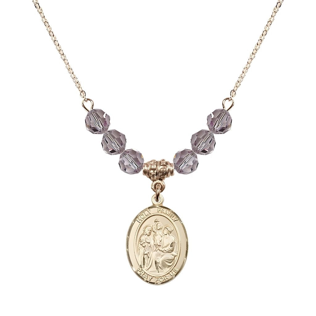 Bliss Holy Family Beaded Necklace with Gold-filled Medal, 6mm Austrian Crystal Light Amethyst Beads for June