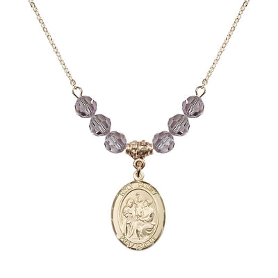 Holy Family Beaded Necklace with Gold-filled Medal, 6mm Austrian Crystal Light Amethyst Beads for June, Bliss Manufacturing