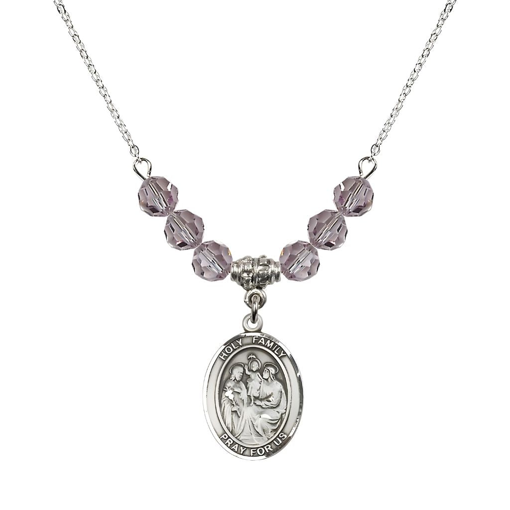 Bliss Holy Family Beaded Necklace with Sterling Silver Medal, 6mm Austrian Crystal Light Amethyst Beads for June
