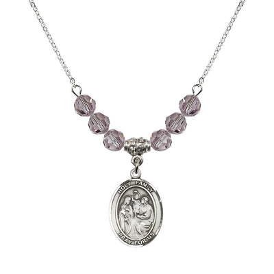 Holy Family Beaded Necklace with Sterling Silver Medal, 6mm Austrian Crystal Light Amethyst Beads for June, Bliss Manufacturing