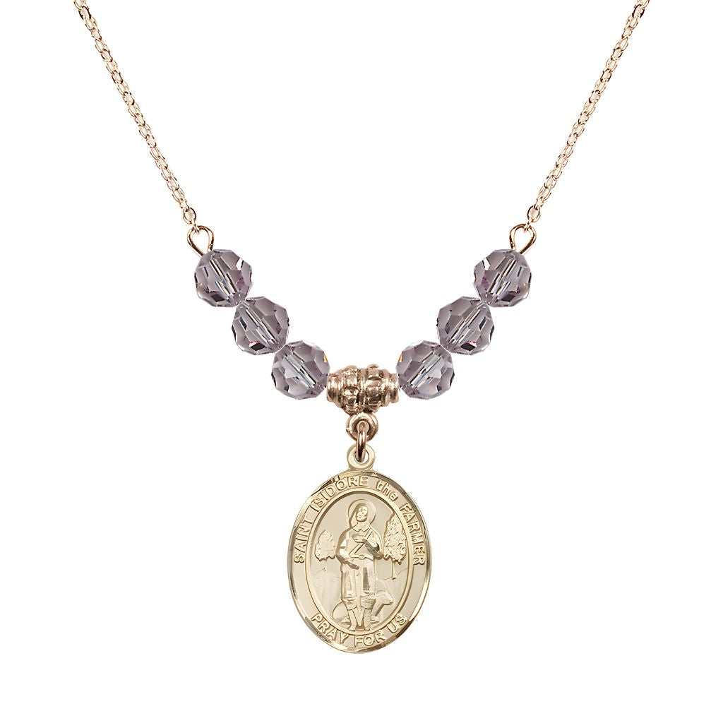 Bliss St. Isidore the Farmer Oval 14kt Gold-filled 6mm Light Amethyst Austrian Crystal Beaded Necklace, Measures 3/4 inch tall by 1/2-inch wide, Gift Box.