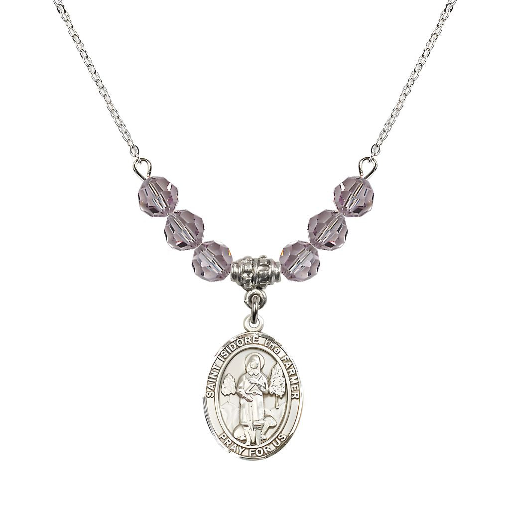 Bliss St. Isidore the Farmer Oval Sterling Silver 6mm Light Amethyst Austrian Crystal Beaded Necklace, Measures 3/4 inch tall by 1/2-inch wide, Gift Box.