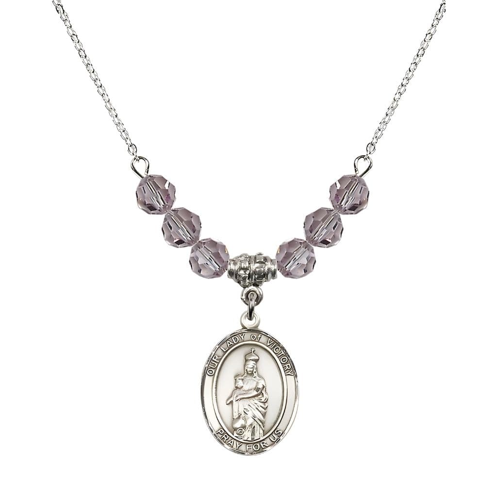 Bliss Our Lady of Victory Sterling Silver 6mm Light Amethyst Austrian Crystal Beaded Necklace with Plated Chain