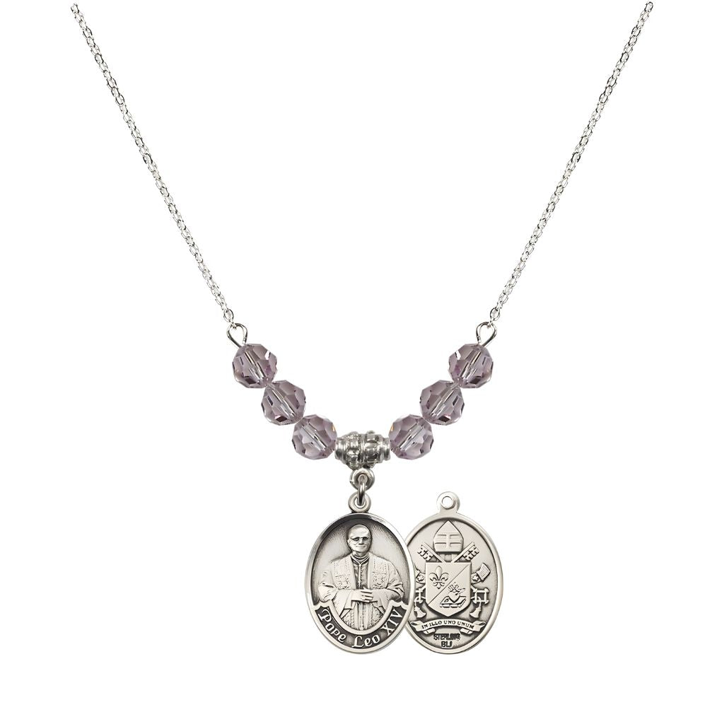 Bliss Pope Leo XIV Crystal Sterling Silver Medal Beaded Necklace with Light Amethyst Crystal Beads,