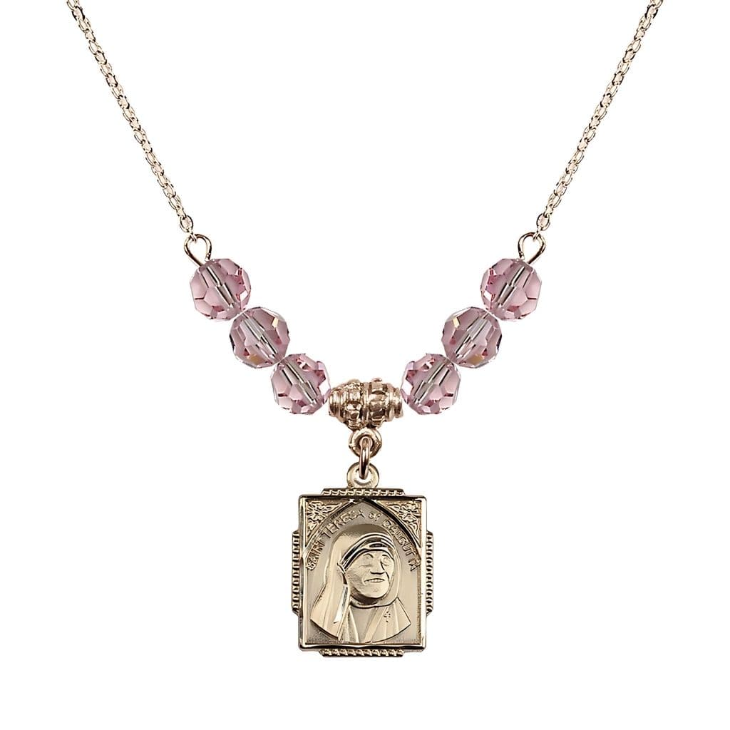 Bliss St. Teresa of Calcutta Square 14kt Gold-filled Light Rose Crystal Birthstone Necklace,