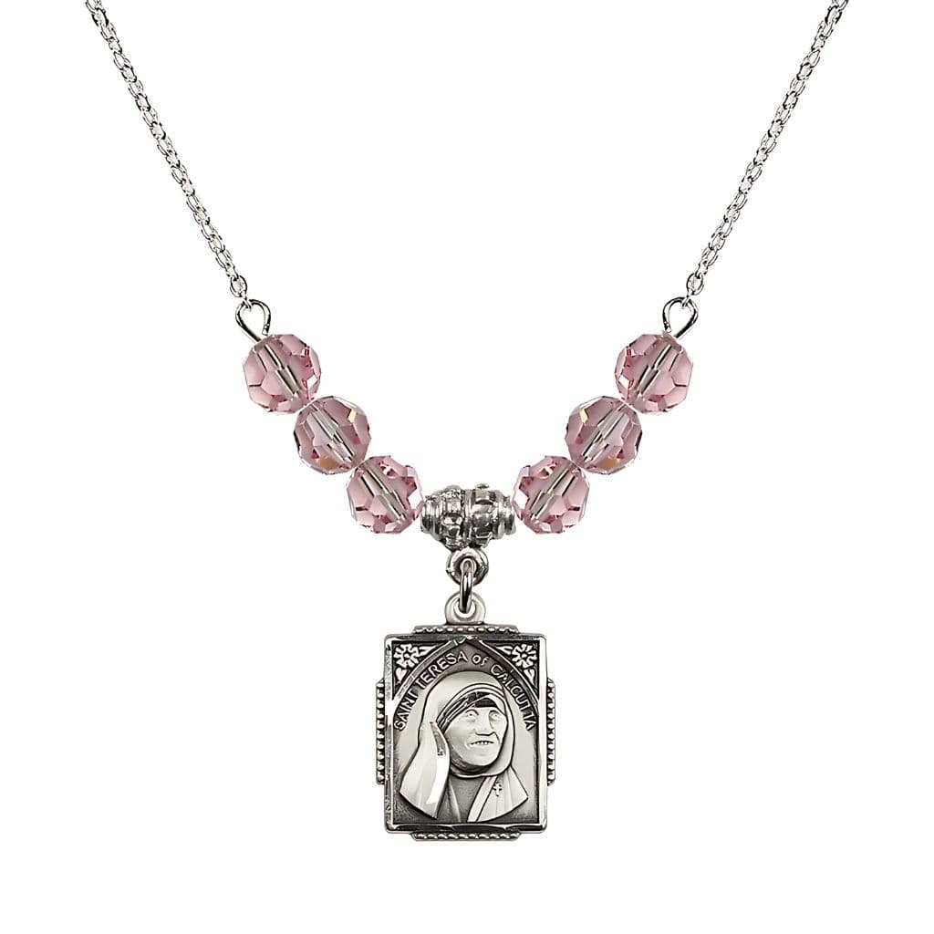 Bliss St. Teresa of Calcutta Square Sterling Silver Light Rose Crystal Birthstone Necklace,