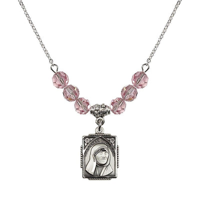 St. Teresa of Calcutta Square Sterling Silver Light Rose Crystal Birthstone Necklace, Bliss Manufacturing