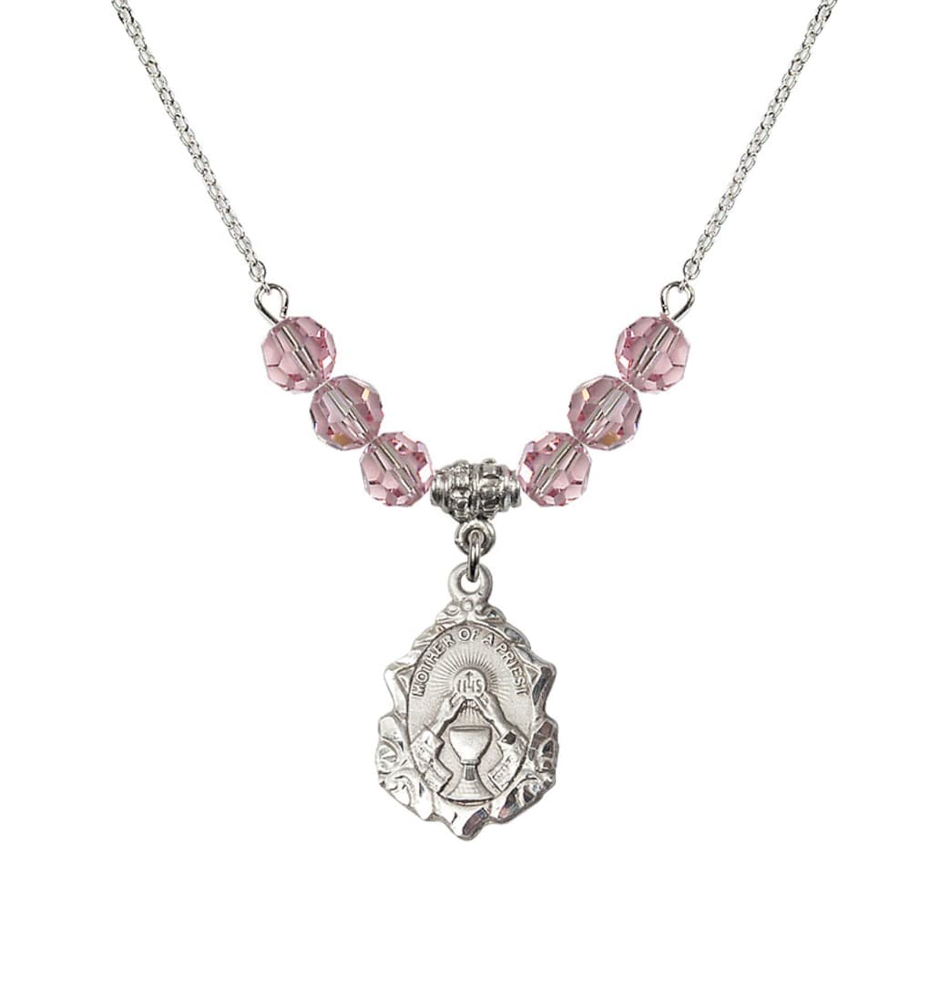 Bliss Sterling Silver Mother of a Priest 6mm Light Rose Crystal Beaded Necklace,