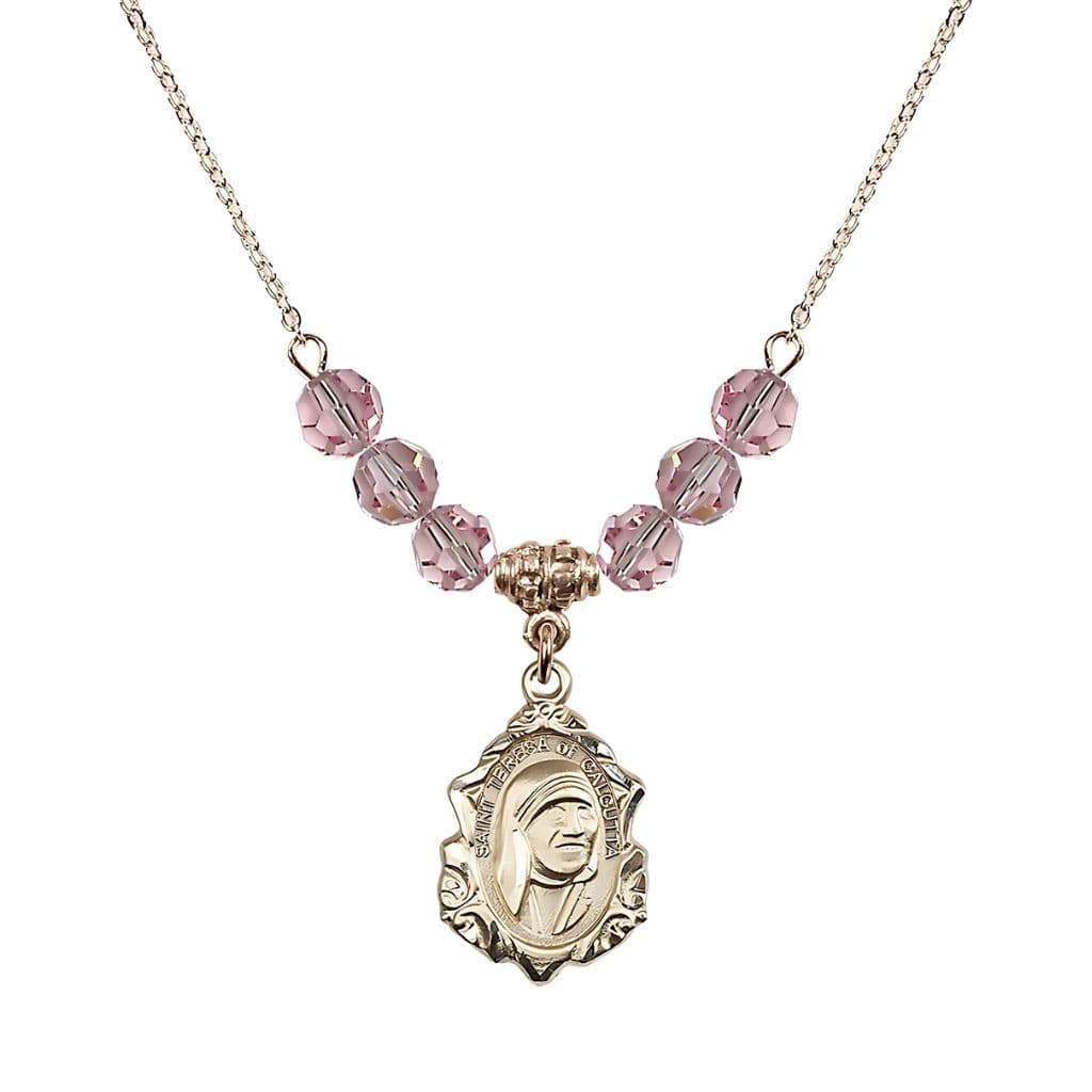 Bliss St. Teresa of Calcutta 14kt Gold-filled Crystal Birthstone Necklace with 6mm Light Rose Crystal Beads