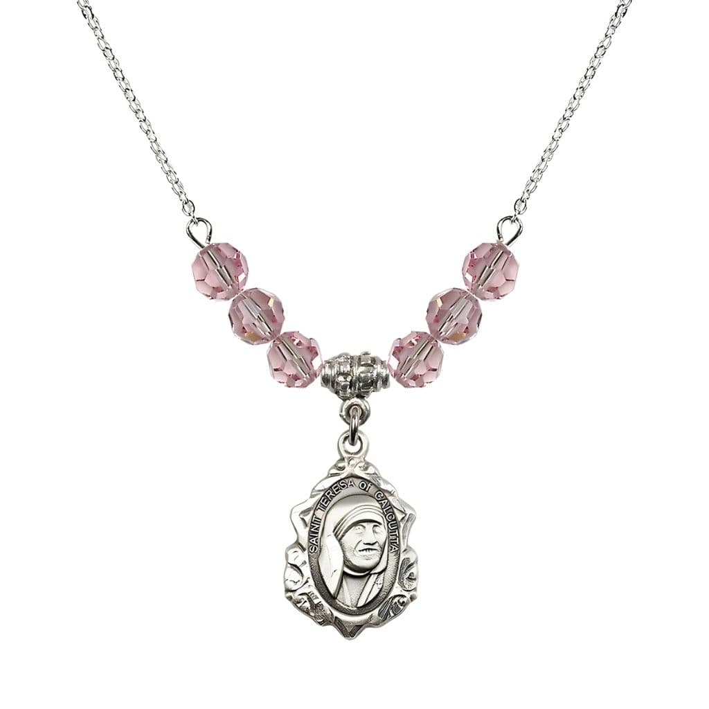 Bliss St. Teresa of Calcutta Sterling Silver Crystal Birthstone Necklace with 6mm Light Rose Crystal Beads
