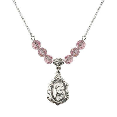 St. Teresa of Calcutta Sterling Silver Crystal Birthstone Necklace with 6mm Light Rose Crystal Beads, Bliss Manufacturing