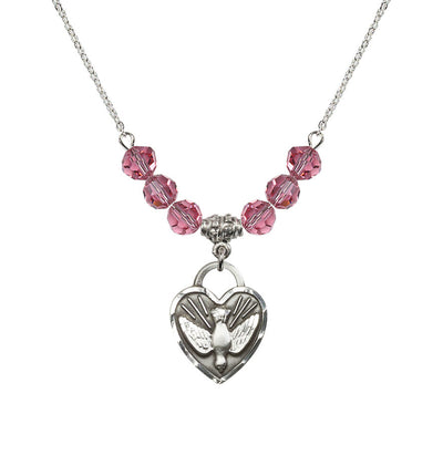 Dove Confirmation Heart Medal with 6mm Rose Crystal Bead Necklace, 3/4 inch tall by 5/8 inch wide, Bliss Manufacturing