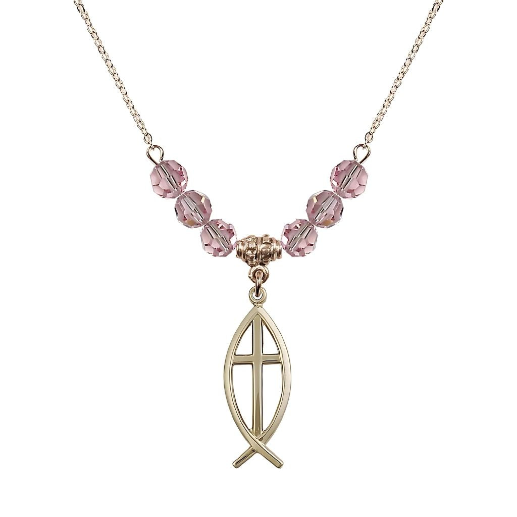 Bliss Fish Cross Crystal Light Rose Birthstone Necklace with 18" Chain, Medal 1",
