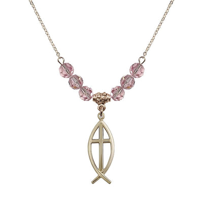 Fish Cross Crystal Light Rose Birthstone Necklace with 18" Chain, Medal 1", Bliss Manufacturing