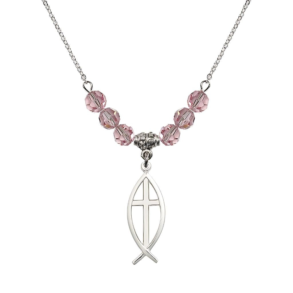 Bliss Fish Cross Crystal Birthstone Necklace with 18-inch Chain in Light Rose, Medal 1 inch tall by 3/8 inch wide