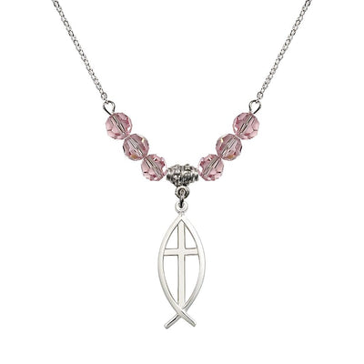 Fish Cross Crystal Birthstone Necklace with 18-inch Chain in Light Rose, Medal 1 inch tall by 3/8 inch wide, Bliss Manufacturing