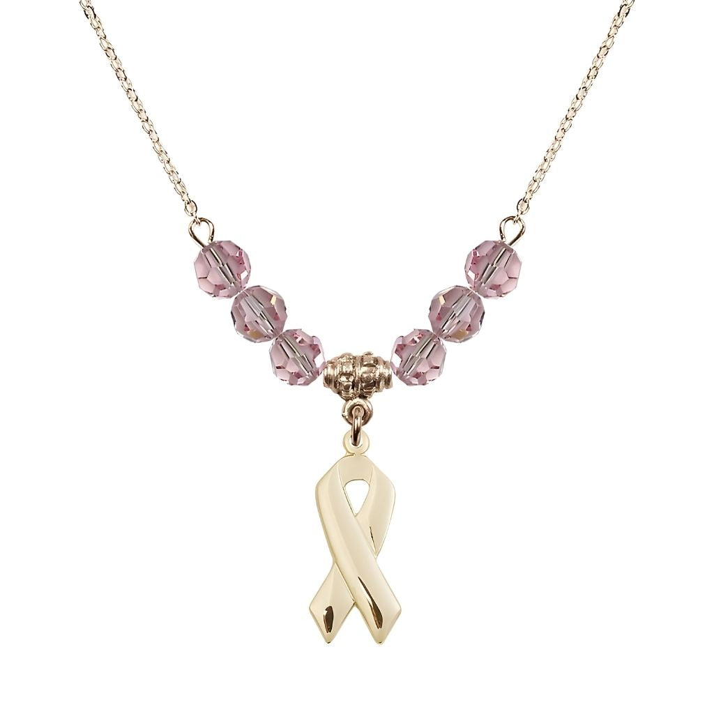 Bliss 14kt Gold-filled Cancer Awareness Ribbon Light Rose Birthstone Crystal Beaded Necklace, Charm Measures 7/8 inch tall by 3/8 inch wide