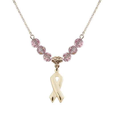 14kt Gold-filled Cancer Awareness Ribbon Light Rose Birthstone Crystal Beaded Necklace, Charm Measures 7/8 inch tall by 3/8 inch wide, Bliss Manufacturing