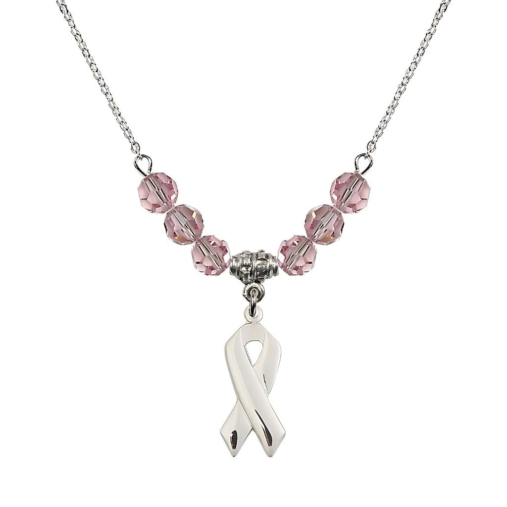 Bliss Sterling Silver Cancer Awareness Ribbon Light Rose Birthstone Crystal Beaded Necklace, Charm Measures 7/8 inch tall by 3/8 inch wide