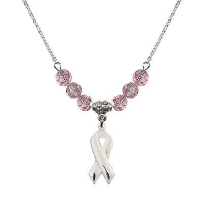 Sterling Silver Cancer Awareness Ribbon Light Rose Birthstone Crystal Beaded Necklace, Charm Measures 7/8 inch tall by 3/8 inch wide, Bliss Manufacturing