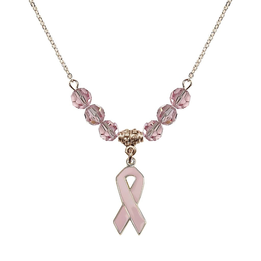 Bliss Gold-filled Breast Cancer Awareness Pink Ribbon Light Amethyst Crystal Beaded Necklace, Measures 7/8-inch tall by 1/4-inch wide