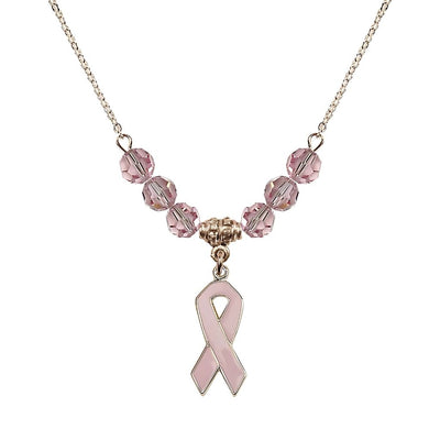 Gold-filled Breast Cancer Awareness Pink Ribbon Light Amethyst Crystal Beaded Necklace, Measures 7/8-inch tall by 1/4-inch wide in Light Rose, Bliss Manufacturing
