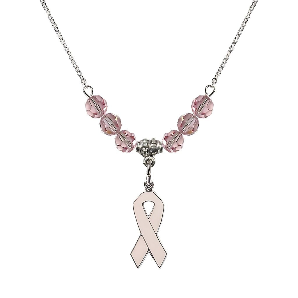Bliss Sterling Silver Breast Cancer Awareness Pink Ribbon Light Rose Crystal Beaded Necklace, Measures 7/8-inch tall by 1/4-inch wide