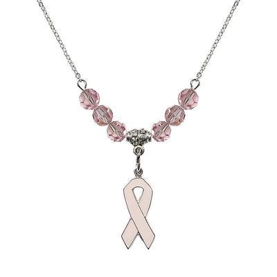 Sterling Silver Breast Cancer Awareness Pink Ribbon Light Rose Crystal Beaded Necklace, Measures 7/8-inch tall by 1/4-inch wide, Bliss Manufacturing