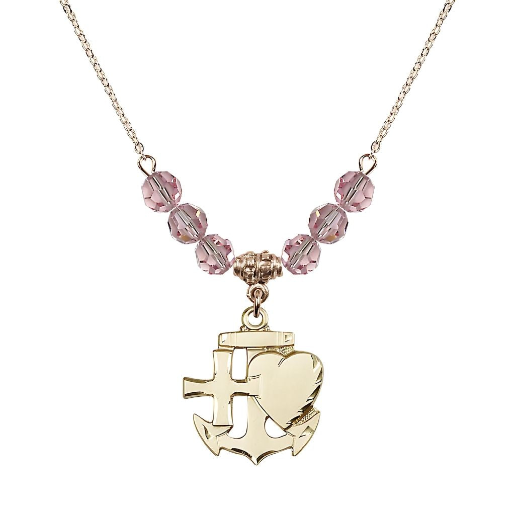 Bliss Christian Faith, Hope and Charity Gold-filled 6mm Light Rose Crystal Birthstone Necklace