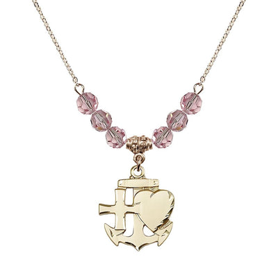Christian Faith, Hope and Charity Gold-filled 6mm Light Rose Crystal Birthstone Necklace, Bliss Manufacturing