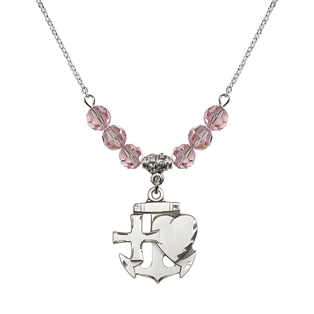 Bliss Christian Faith, Hope and Charity Sterling Silver 6mm Light Rose Crystal Birthstone Necklace, Medal Measures 7/8-inch tall by 3/4-inch wide