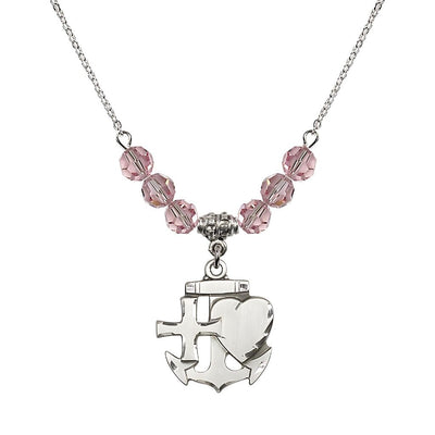 Christian Faith, Hope and Charity Sterling Silver 6mm Light Rose Crystal Birthstone Necklace, Medal Measures 7/8-inch tall by 3/4-inch wide, Bliss Manufacturing