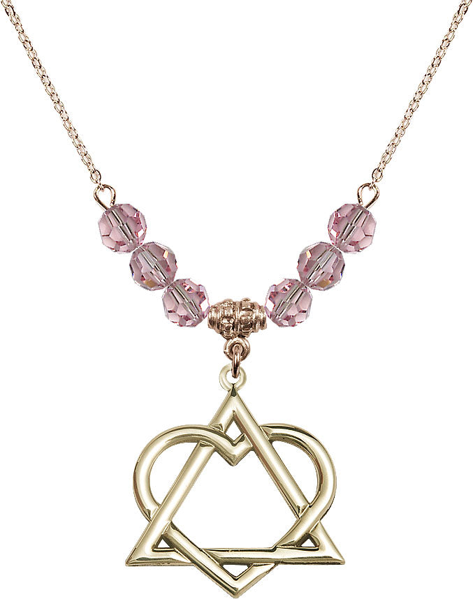 Hamilton Gold Plated Necklace with 6mm Light Rose Crystal Beads featuring a 14kt Gold Filled Adoption Heart,