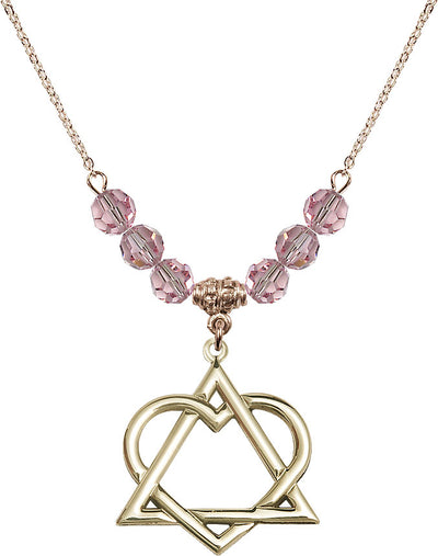 Hamilton Gold Plated Necklace with 6mm Light Rose Crystal Beads featuring a 14kt Gold Filled Adoption Heart, Bliss Manufacturing