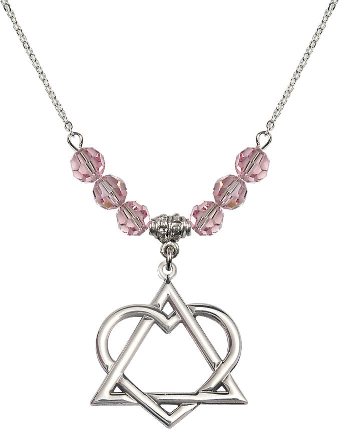 Necklace with 6mm Light Rose Crystal Beads featuring a Sterling Silver Adoption Heart Medal,